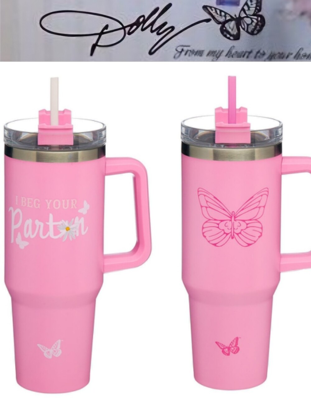 Dolly Parton Stainless Steel Butterfly 40oz Insulated Tumbler w/Handle and Straw